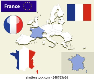 Map of European Union countries, with every state easy selectable and editable. France. Vector - France Flag Glossy Button