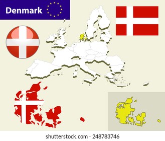 Map of European Union countries, with every state easy selectable and editable. Denmark. Vector - Denmark Flag Glossy Button