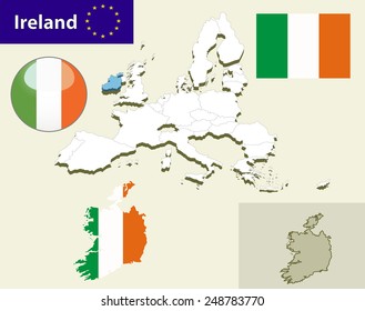 Map of European Union countries, with every state easy selectable and editable. Ireland.Vector - Ireland Flag Glossy Button