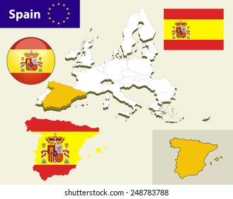 Map of European Union countries, with every state easy selectable and editable. Spain. Flag Glossy Button Spain.