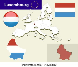 Map of European Union countries, with every state easy selectable and editable. Luxembourg. Vector - Luxembourg Flag Glossy Button