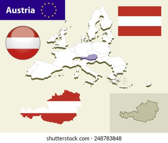 Map of European Union countries, with every state easy selectable and editable. Austria. Vector - Austria Flag Glossy Button