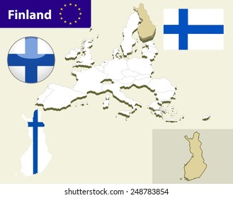 Map of European Union countries, with every state easy selectable and editable. Finland. Vector - Finland Flag Glossy Button