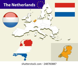 Map of European Union countries, with every state easy selectable and editable. Netherlands .Vector - Netherlands Flag Glossy Button
