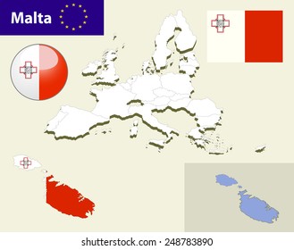Map of European Union countries, with every state easy selectable and editable. Malta. Vector - Malta Flag Glossy Button
