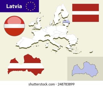 Map of European Union countries, with every state easy selectable and editable. Latvia. Vector - Latvia Flag Glossy Button