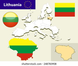 Map of European Union countries, with every state easy selectable and editable. Lithuania.Vector - Lithuania Flag Glossy Button