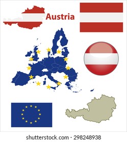 Map of European Union countries, with every state easy selectable and editable. Austria. Vector - Austria Flag Glossy Button