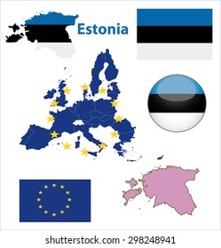 Map of European Union countries, with every state easy selectable and editable. Estonia. Vector - Estonia Flag Glossy Button