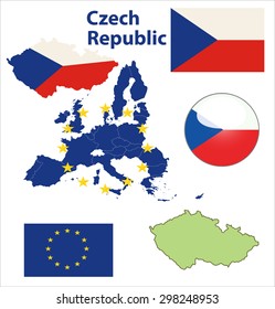 Map of European Union countries, with every state easy selectable and editable. Czech Republic. Vector - Czech Republic Flag Glossy Button