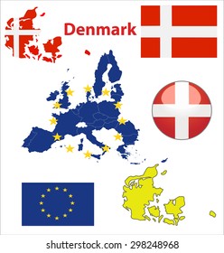 Map of European Union countries, with every state easy selectable and editable. Denmark. Vector - Denmark Flag Glossy Button