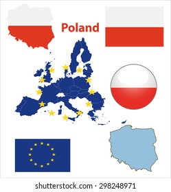 Map of European Union countries, with every state easy selectable and editable. Poland. Vector - Poland Flag Glossy Button