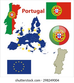 Map of European Union countries, with every state easy selectable and editable. Portugal. Vector - Portugal Flag Glossy Button