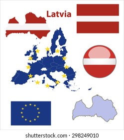 Map of European Union countries, with every state easy selectable and editable. Latvia. Vector - Latvia Flag Glossy Button
