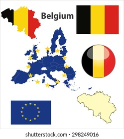 Map of European Union countries, with every state easy selectable and editable. Belgium. Vector - Belgium Flag Glossy Button