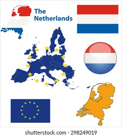 Map of European Union countries, with every state easy selectable and editable. Netherlands .Vector - Netherlands Flag Glossy Button