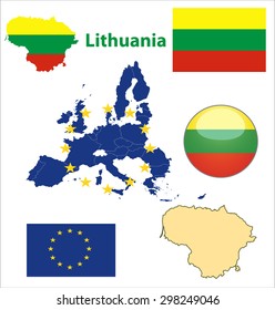 Map of European Union countries, with every state easy selectable and editable. Lithuania.Vector - Lithuania Flag Glossy Button