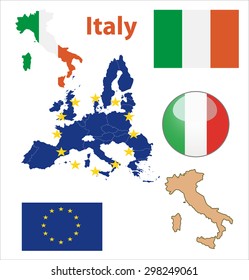 Map of European Union countries, with every state easy selectable and editable. Italy. Vector - Italy Flag Glossy Button