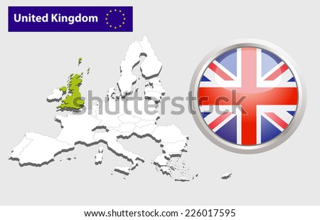 Map of European Union countries, with every state easy selectable and editable. United Kingdom. Vector - United Kingdom Flag Glossy Button