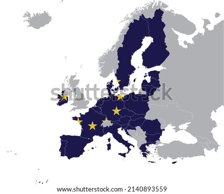Map of European Union countries with European Union flag within the gray map of European continent
