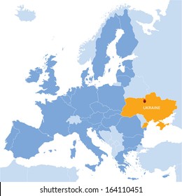 map of European Union and indication of Ukraine- concept of negotiation about association with EU