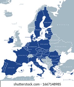 Map Of European Union Member States After Brexit, English Labeling. 27 EU Member States, After United Kingdom Left. Special Member State Territories Are Not Included In The Map. Illustration. Vector.