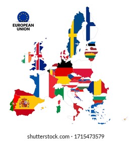 Map Of European Union Member States Flags Before Brexit. Vector Illustration Isolated On White Background