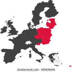 Map of the European Union split into individual countries. Year 2004. Highlighted new EU member states - Cyprus, Czech Republic, Estonia, Hungary, Latvia, Lithuania, Malta, Poland, Slovakia, Slovenia
