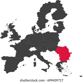 Map of the European Union split into individual countries. Year 2007 - highlighted new EU member states - Bulgaria, Romania.
