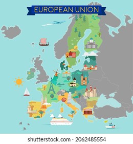 Mapa de la Unión Europea. Mapa turístico. Ilustración de estilo plano