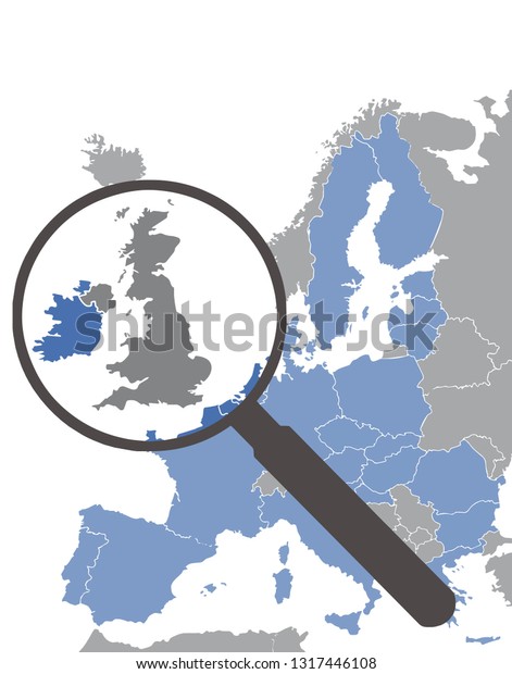 Map of European Union\
without England after Brexit highlighting Great Britain behind\
magnifying glass