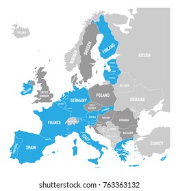 Map of Eurozone. States using Euro currency. Grey vector map with blue highlighted member countries and dark grey EU member states.