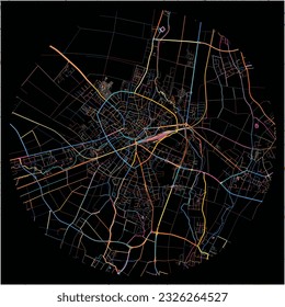 Map of Euskirchen, North Rhine-Westphalia with all major and minor roads, railways and waterways. Colorful line art on black background.