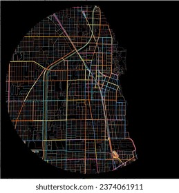 Map of Evanston, Illinois with all major and minor roads, railways and waterways. Colorful line art on black background.