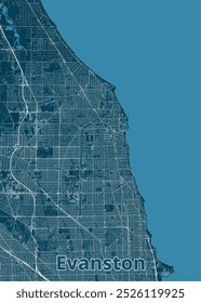 Mapa de Evanston, Illinois, renderizado en un estilo minimalista. El mapa presenta un fondo azul oscuro con líneas blancas que representan calles y carreteras.