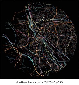 Karte von Exeter, Südwestengland mit allen wichtigen und kleineren Straßen, Eisenbahnen und Wasserstraßen. Farbige Linienkunst auf schwarzem Hintergrund.