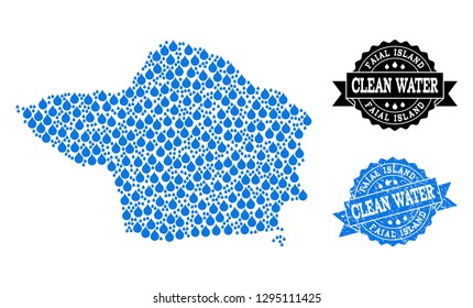 Map of Faial Island vector mosaic and clean water grunge stamp. Map of Faial Island formed with blue liquid dews. Seal with grunge rubber texture for clean drinking water.