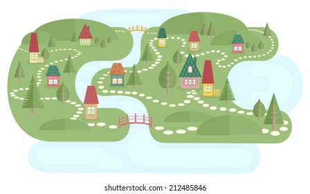 Map with fairyland. Vector illustration of landscape with small village near lake and river. Colorful houses, abstract trees and bridges. Cute pathways between houses. Map elements. Flat style.