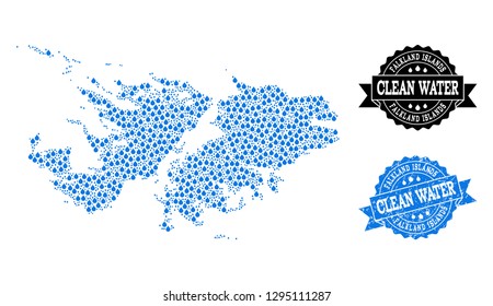 Map of Falkland Islands vector mosaic and clean water grunge stamp. Map of Falkland Islands created with blue water raindrops. Seal with scratched rubber texture for clean drinking water.
