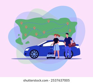 Mapa y familia con coche y maletas eligiendo destino. Pines de Locación en el mapa, esposo y esposa en busca de nueva Ilustración vectorial para el hogar. Reubicación, transporte, concepto de inmigración