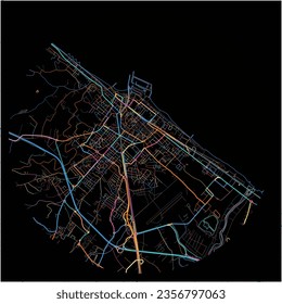 Map of Fano, Marche with all major and minor roads, railways and waterways. Colorful line art on black background.