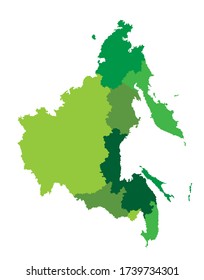 Map of Far Eastern Federal District Russia vector silhouette illustration isolated. Regions: Sakha, Chukotka, Magadan, Kamchatka, Amur, Khabarovsk, Jewish autonomus region, Primorsky, Sakhalin.