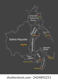 Map of Far Eastern Federal District Russia vector line silhouette illustration isolated. Regions: Sakha, Chukotka, Magadan, Kamchatka, Amur, Khabarovsk, Jewish autonomus region, Primorsky, Sakhalin.