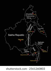 Map of Far Eastern Federal District Russia vector line silhouette illustration isolated. Regions: Sakha, Chukotka, Magadan, Kamchatka, Amur, Khabarovsk, Jewish autonomus region, Primorsky, Sakhalin.