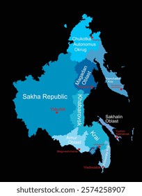 Map of Far Eastern Federal District Russia vector silhouette illustration isolated. Regions: Sakha, Chukotka, Magadan, Kamchatka, Amur, Khabarovsk, Jewish autonomus region, Primorsky, Sakhalin.