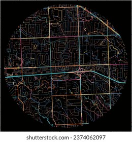 Karte von FarmingtonHills, Michigan mit allen wichtigen und kleineren Straßen, Eisenbahnen und Wasserstraßen. Farbige Linienkunst auf schwarzem Hintergrund.