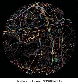 Map of Farnborough, South East England with all major and minor roads, railways and waterways. Colorful line art on black background.