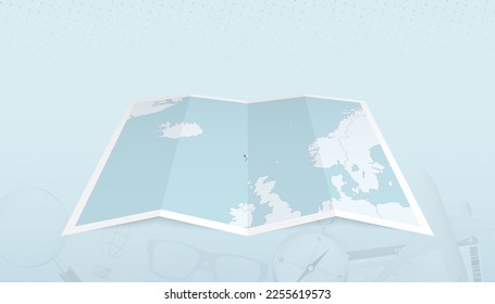 Map of Faroe Islands with the flag of Faroe Islands in the contour of the map on a trip abstract backdrop. Travel illustration.