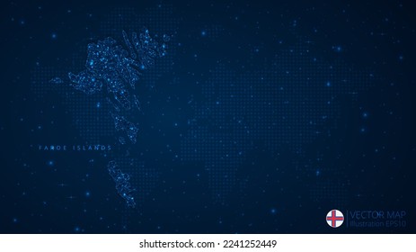 Map of Faroe Islands modern design with polygonal shapes on dark blue background. Business wireframe mesh spheres from flying debris. Blue structure style vector illustration concept.