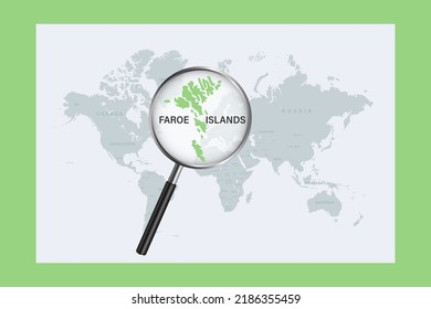 Map of Faroe Islands on political world map with magnifying glass
